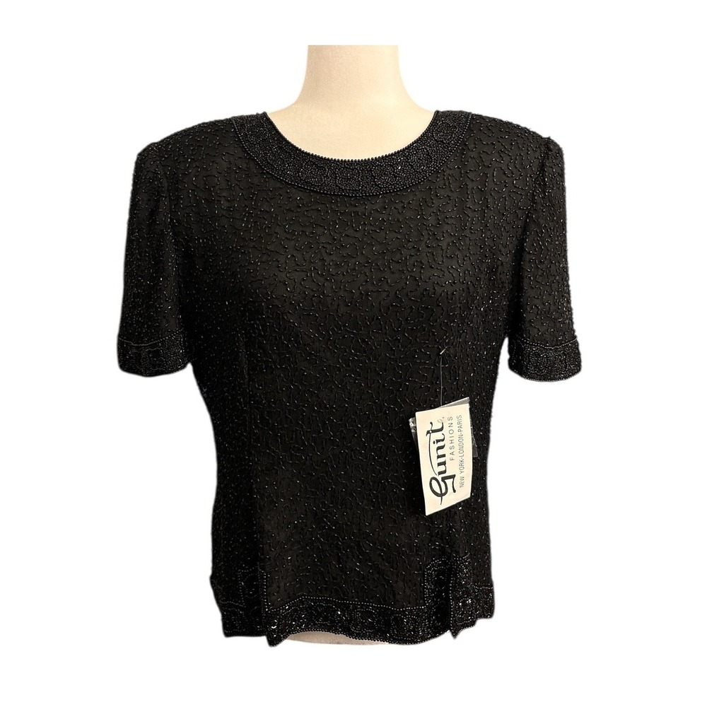 NEW Vintage‎ Gunit Fashions Silk Beaded Top Black Short Sleeve Deadstock Size L